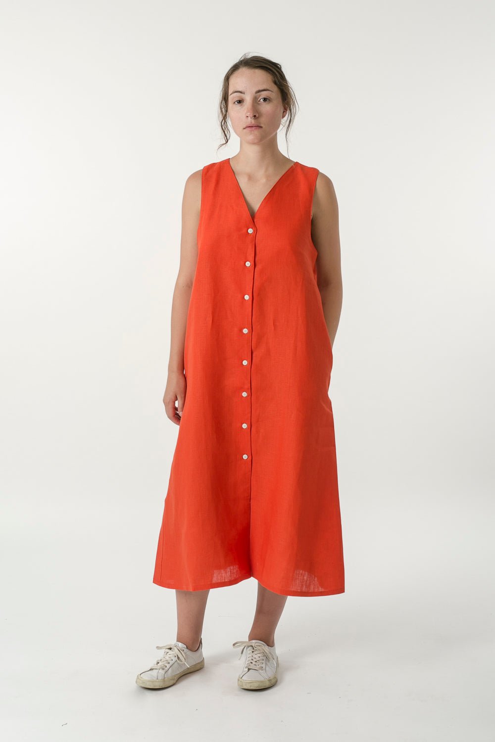 Hemp Linen Button V Dress - Ensemble Studios