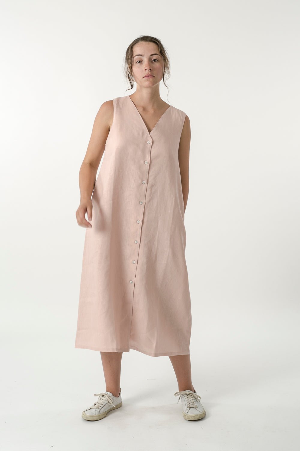 Hemp Linen Button V Dress - Ensemble Studios