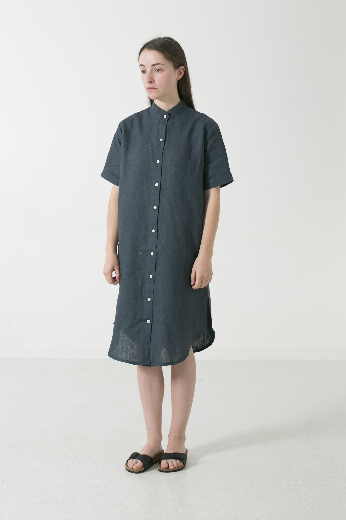 Hemp Linen Mandarin Short Sleeve Shirtdress - Ensemble Studios
