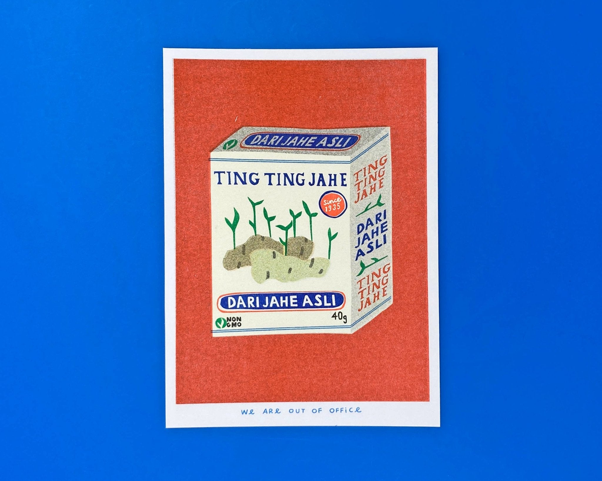 We are out of office - A risograph print of a box of ting ting candy - Ensemble Studios
