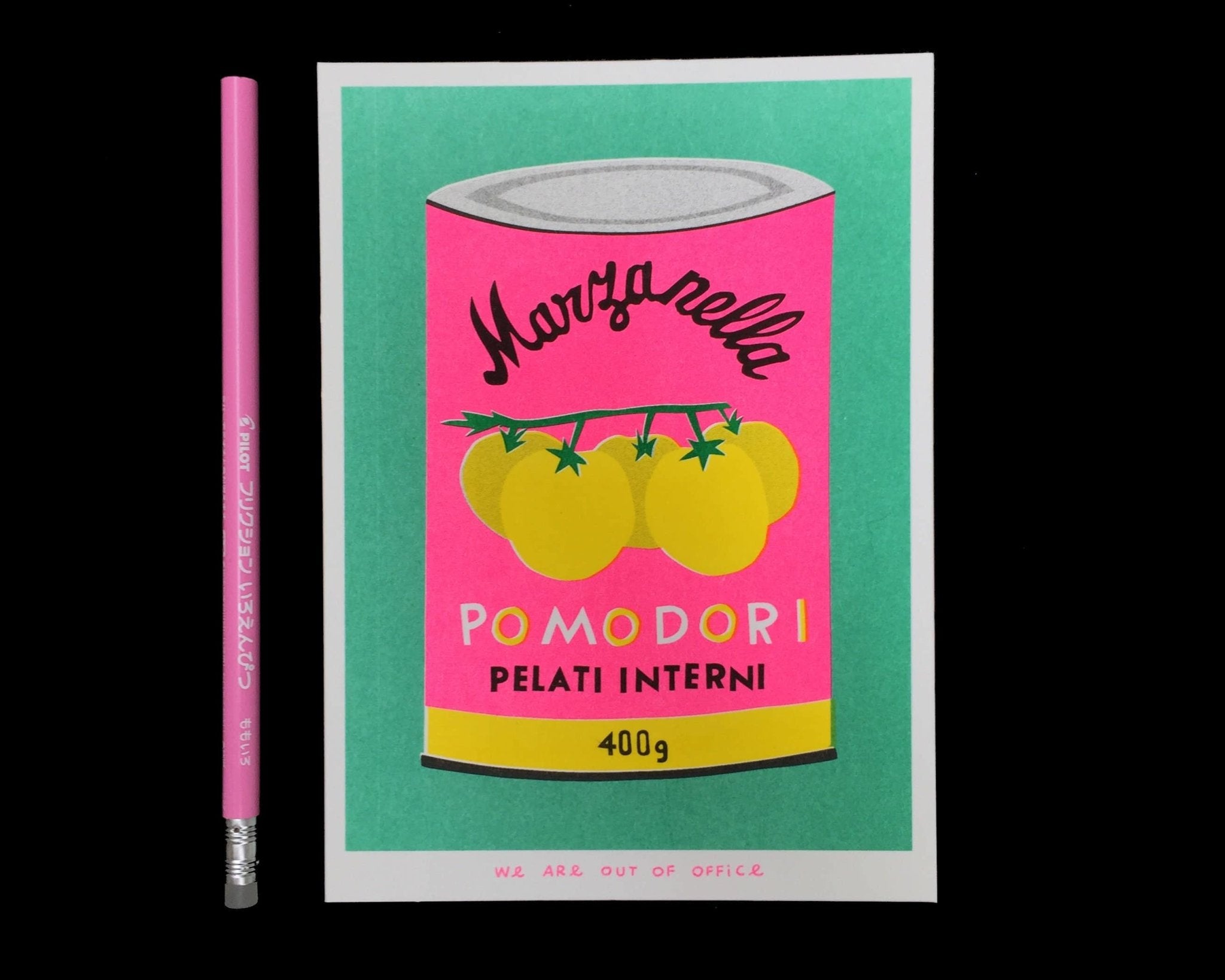 We are out of office - A risograph print of a can of pomodori - Ensemble Studios